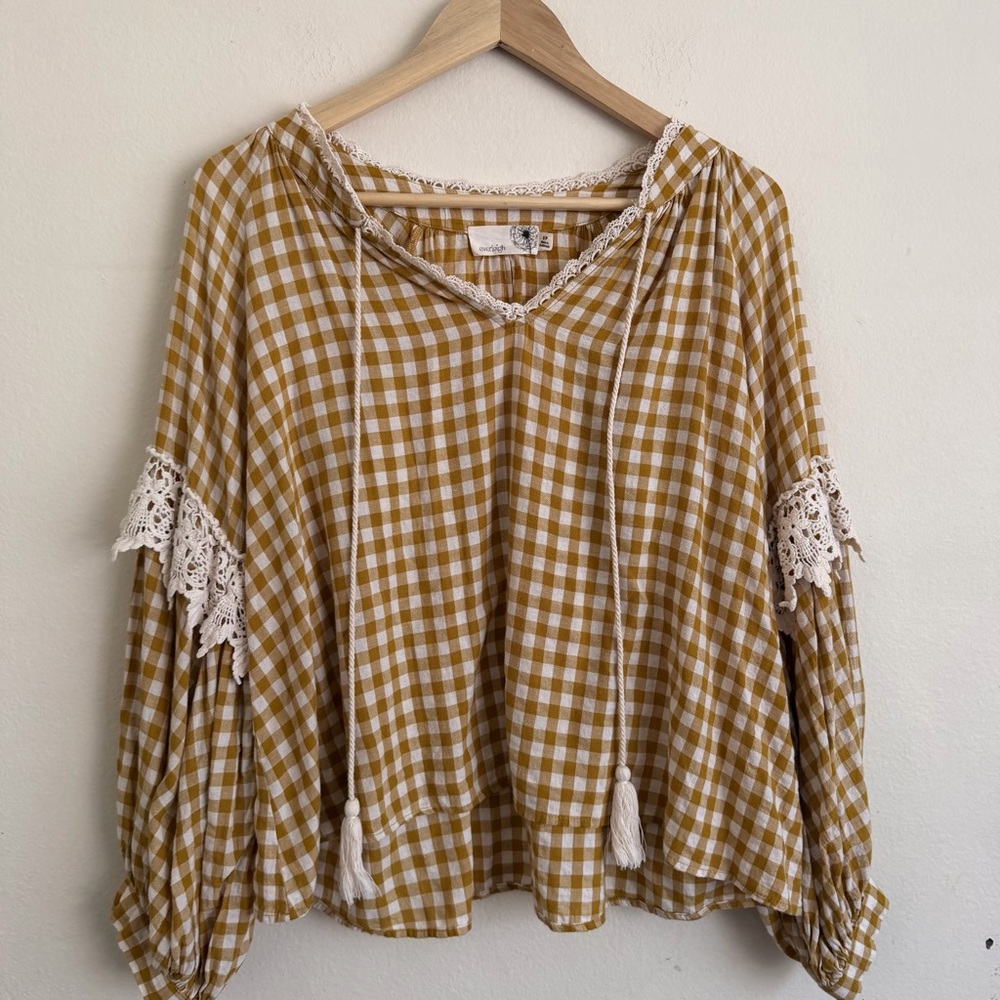Everleigh Mustard Yellow Gingham Balloon Sleeve Blouse Petite Small Cottagecore